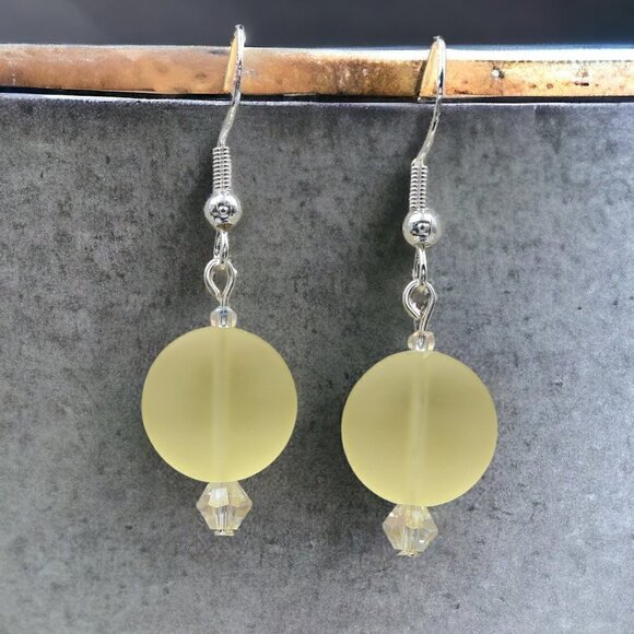 Yellow Circle Sea Glass Earrings Handmade - Picture 1 of 5